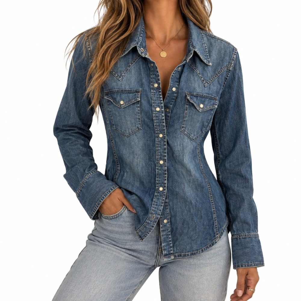 GAP Denim Western Shirt Women's Size L Blue Long Sleeve Pearl Snap Boho Festival